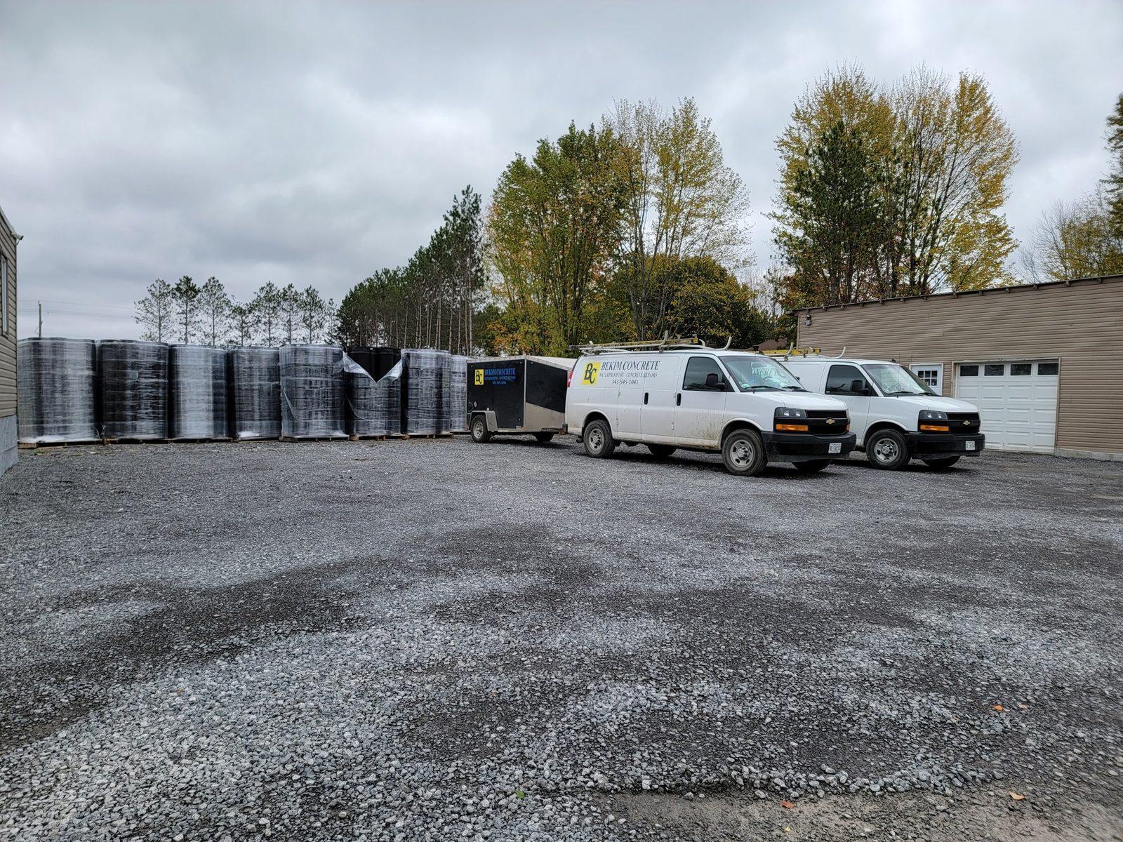 Bekim Concrete vans, trailer and membrane stock in our Carp Road yard